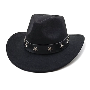 Classic black wool western cowboy hat featuring leather band with silver star metal studs
