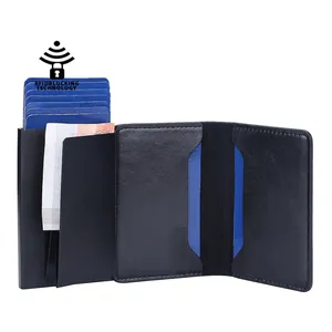 Men's RFID blocking aluminum credit card holder in navy blue oil wax leather finish