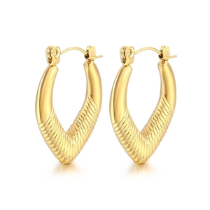 V-shaped golden stainless steel earrings with textured diamond pattern engraving