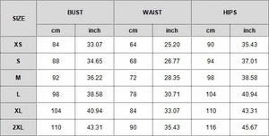 Detailed size chart for long sleeve dress showing bust, waist and hips in cm and inches
