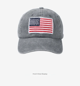 Detail of vintage washed dark gray baseball cap with American flag embroidery