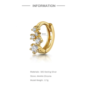 Detailed view of gold S925 sterling silver hoop earring with 6mm diameter and AAAAA zircon