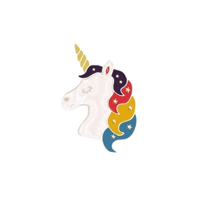 Cute unicorn enamel pin badge with colorful mane and gold horn for shirt collars