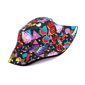 Detail of 90s disco themed print bucket hat with sunglasses and disco ball patterns