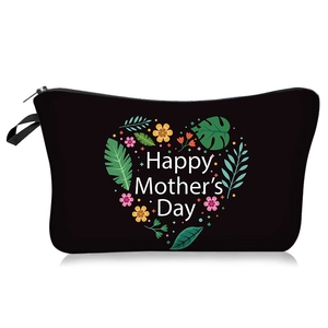 Detail of black zipper makeup bag with colorful floral heart and Happy Mother's Day print