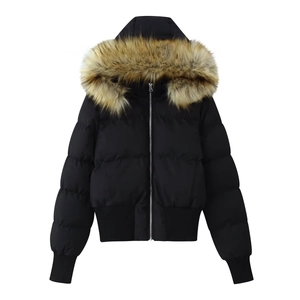 Women's black hooded puffer jacket with large brown faux fur collar and ribbed cuffs