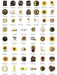 Detailed size chart showing sunflower and bee stickers from 28mm to 86mm in yellow