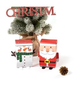 Cartoon Santa and Snowman gift boxes with pine cones and festive Christmas decorations