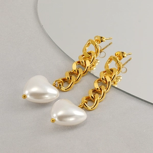 18K gold plated chain earrings with heart pearls, elegant and minimalist jewelry for women