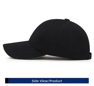 Vue latérale de la casquette de baseball noire avec structure à six panneaux et visière
