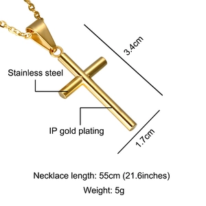 Close-up of IP gold plated stainless steel cross pendant showing dimensions and chain length