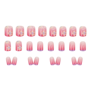 24-piece pink and purple gradient press-on nails with delicate floral patterns