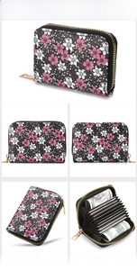 Detailed views of floral accordion card holder with pink flowers and metal zipper