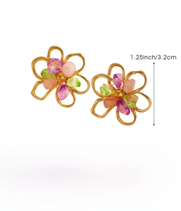 Detail view of flower-shaped earrings with colorful crushed stones and stainless steel texture
