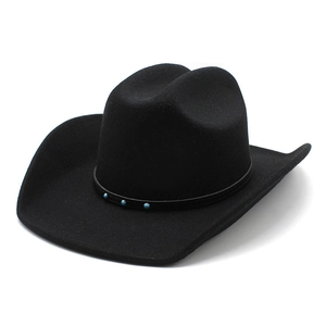 Classic black wool felt wide brim fedora hat with turquoise bead band decoration