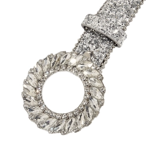 Chic silver belt for women featuring a round rhinestone buckle and shimmering sequins