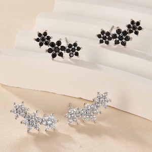 Elegant S925 sterling silver triple flower stud earrings with black and white zircon
