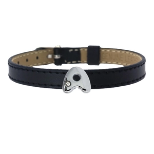 Bracciale in vera pelle nera da 8 mm con ciondolo lettera A in argento e piccolo diamante