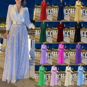 Elegant V-neck long sleeve sequin jumpsuit with waist belt and wide leg pants in white