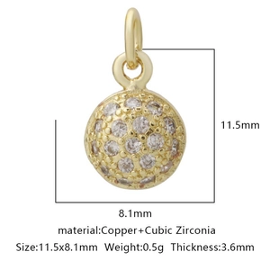 Detail view of gold cubic zirconia round pendant with dimensions 11.5x8.1mm for DIY jewelry