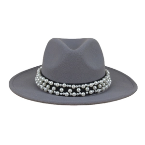 Elegant grey wool fedora hat for women featuring a stylish black ribbon with faux pearls