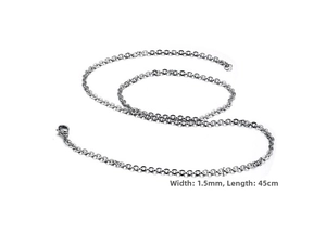 Detailed view of a 1.5mm wide O-link stainless steel chain with lobster clasp, 18 inches