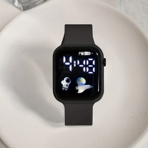 Square digital sports watch for women featuring an astronaut theme and black silicone strap