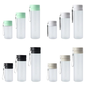 Frosted plastic portable sports water cups in four colors and three sizes with carry ropes