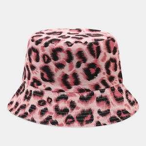 Close-up of pink leopard print bucket hat with detailed multi-row stitching on the brim