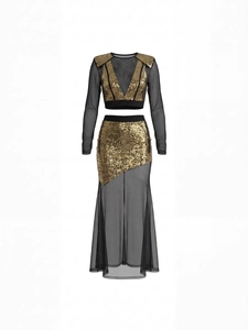 Two-piece gold sequin and black mesh long sleeve party dress with high side split