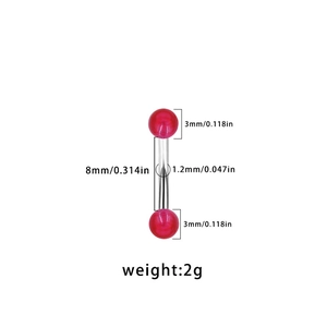 Detailed size chart of curved barbell eyebrow ring with 3mm red beads and 8mm stem