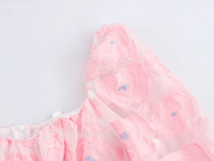 Detail of square neckline and puff sleeves with 3D floral embroidery on pink mesh top