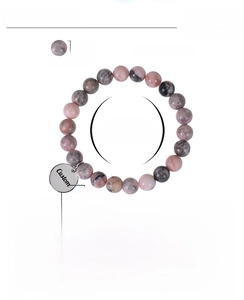 Detail view of 8mm pink zebra stone beads and custom stainless steel pendant bracelet