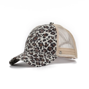 Close-up of leopard print trucker hat showing breathable mesh and wild animal pattern
