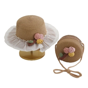 Kids woven straw sun hat and round crossbody bag set with colorful floral accents