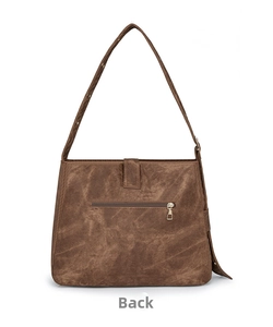 Detailed back view of the vintage brown tote bag featuring a horizontal zipper pocket