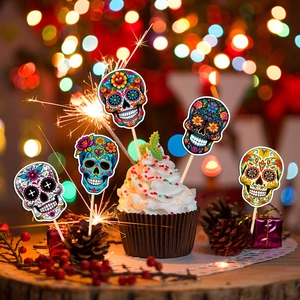 Vibrant Day of the Dead cake toppers with skull designs on cupcakes in festive lighting