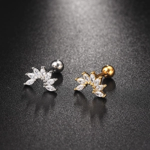 Sparkling zircon leaf stainless steel stud earrings in silver and gold plating