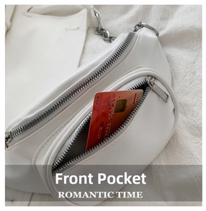 White PU leather fanny pack detail with silver chain strap and front zipper pocket