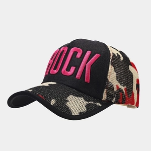 Detail of ROCK embroidery on camouflage baseball cap with breathable mesh back
