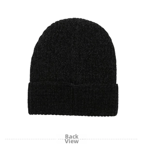 Detailed back view of a black ribbed knit beanie featuring warm and thick winter fabric