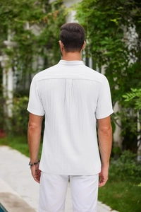 Close-up back view of men's white striped cotton linen shirt with textured vertical pleats