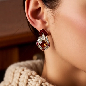 Close-up of vintage diamond rhombus earrings with amber stones on model's ear
