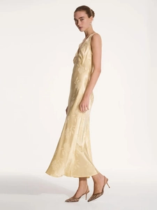 Robe midi élégante en satin champagne avec col en V et broderie florale délicate
