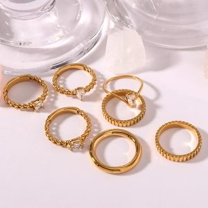 7-piece 18K gold plated stainless steel ring set with cubic zirconia stones