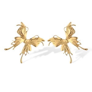 Golden liquid hollow butterfly stud earrings made of stainless steel on white background