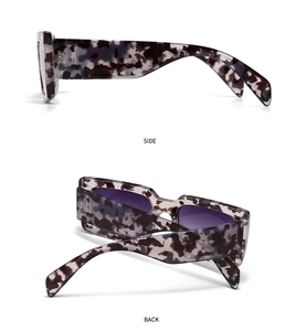 Side and back view of rectangle leopard print sunglasses with purple gradient lenses