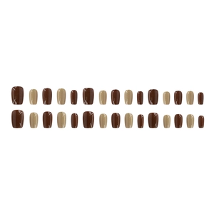 Mocha brown glossy press-on nails set in caramel and beige tones on a white background