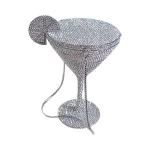 Detailed view of silver martini glass clutch bag with sparkling crystal rhinestones