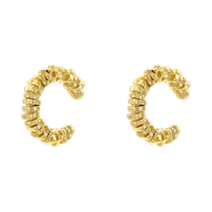 French vintage C-shaped gold ear cuffs with textured spiral layers on white background